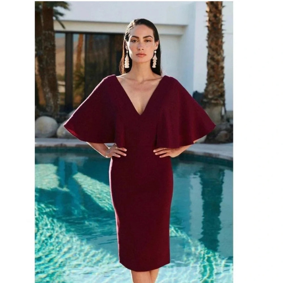 Dress the population Louisa open back midi dress in burgundy